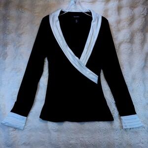 White House Black Market Surplice Top Black White Pleated Satin Trim Large